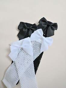 2 Pairs Girls' Rib Knit Bow & Hollow Out Fishnet Socks, Suitable For Daily Wear In Summer