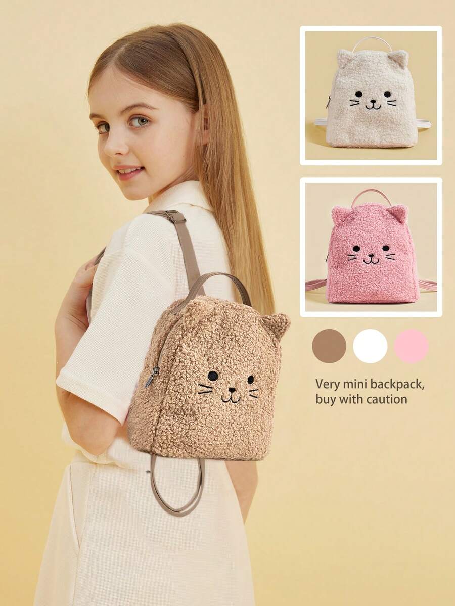 1pc Fluffy Kitten Embroidered Cartoon Cute Faux Fur Mini Backpack - Backpack - View 1