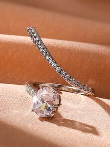 rakol 1pc Elegant Octagon Inlaid Copper Open Ring, Suitable For Women Wedding - Silver - View 5