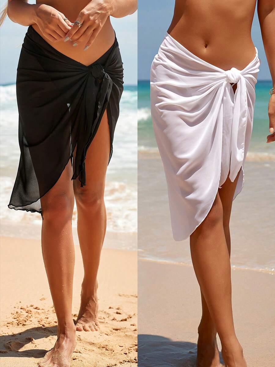 2Pcs Black+White Set Beach Sarong Pareo Women Semi-Sheer Swimwear Cover Ups Short Skirt With Tassels