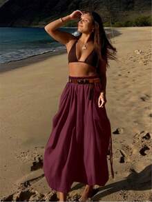 Women's Casual Boho Drawstring Big Pockets Bohemian Loose Skirt, Vacation Outfits