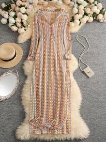 Vestido casual de playa hecho a mano de ganchillo, de cuello en V bajo y abertura, diseño calado para vacaciones