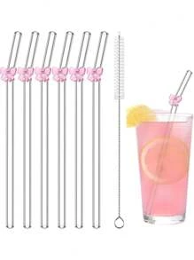 6er Pack wiederverwendbare Glas-Trinkhalme mit Schleifen-Charm - bruchsichere gebogene Trinkhalme Set + Reinigungsbürste - elegante Trinkhalme für Cocktails, Smoothies & kalte Getränke (20cm)