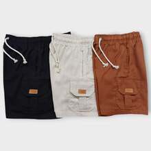 Kit 3 Bermuda Cargo Linen Premium Shorts Mauricinho Men's Casual Basic Comfortable Leather Label Detail - 鏽棕色 - 查看 1