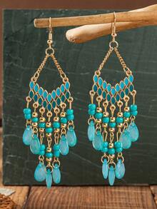 一对波西米亚风格复古 V 形耳环，带有油滴细节，由种子珠制成的泪珠流苏，适合节日狂欢期间的女士佩戴。 - 薄荷綠 - 查看 9