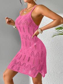 Women's Summer Bohemian Beach Vacation Dress, Colorblock Hollow-Out Knit Camisole Dress - Hot Pink - View 7