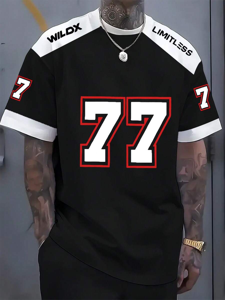 男士休闲圆领短袖 T 恤，带 3D 数字印花，黑色和橙色 #77，时尚街头服饰 - 黑色 - 查看 1