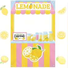 1pc Lemonade Stand Backdrop Banner, Vibrant Summer Party Decoration For Birthday, Party And Bridal Shower - Yellow And Pink Striped Design With Lemon And Ice Cream Illustrations, Photo Booth Prop, Lemon Decor