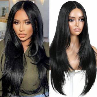 Glueless Wigs T Part Synthetic Lace Front Wig, 4x1 Synthetic Lace Wig Pre-Plucked 24inch Layered Cut Straight Synthetic Wigs For Women Ready To Go Glueless Wigs Beginner Friendly Straight Hair Wigs