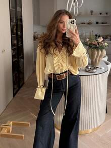 HZXVIC Women's New Autumn Deep V-Neck Top, French Design, Showcasing Fashionable Slim Charm Blouse - Yellow - View 6
