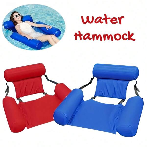 2pcs Inflatable Hammock Floating Lounger, Swimming Pool Water Mat Bed With Backrest, Blue Slouchy Sofa Beach Chair