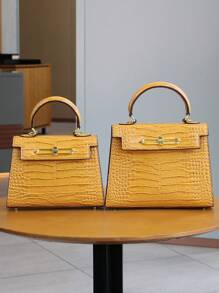 Bolso de moda para mujer de alta gama 2025, bolso de hombro/cruzado de lujo minimalista cuadrado, versátil para la oficina, de patrón de piel de cocodrilo amarillo retro y platino