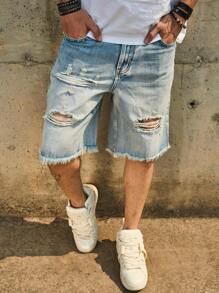 Light Blue Distressed Denim Shorts For Men, Loose Straight Leg Casual Shorts, Summer
