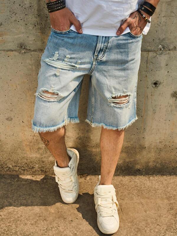 Light Blue Distressed Denim Shorts For Men, Loose Straight Leg Casual Shorts, Summer