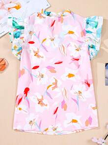 Boho Retro Vintage Pink Floral Patchwork Frill Notched Neck Ruffle Ruffle V Neck Half Sleeve Loose Top Shirt Blouse - Multi Pink - View 4