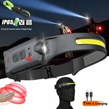 1pc Rechargeable 230° Wide Angle LED Headlamp With Motion Sensor, Suitable For Adults - Camping Gear, Waterproof Headlight Flashlight For Hiking, Running, Repair, Fishing, Cycling - Black - View 2