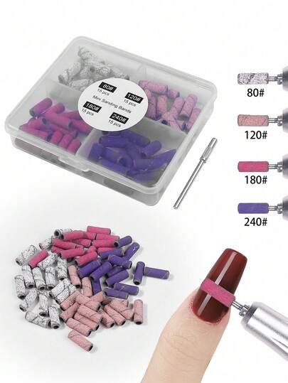 GGJOYO 60pcs 4Grits With Mini Mandrel Nail Art 3mm Mini Grinding Sand Ring Bands Set Electric Grinding Machine Nail Grinding Head Nail