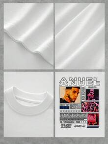 Camiseta estilo Anuel, parte delantera sencilla y detalles enriquecidos en la espalda, cuello redondo, manga corta, 100% algodón, 220 g de algodón grueso. - Blanco - Ver 4