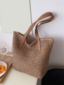 1 peça nova bolsa de viagem casual simples estilo praia férias grande capacidade cesta de tecido, bolsa tote casual dobrável para compras diárias, uso na praia fim de semana feriado, presente para mulheres