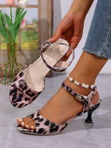 1 Paio di Eleganti Sandali con Tacco Alto in Finta Pelle con Stampa Leopardata e Fibbia, Comodi, Adatti per Matrimoni, Feste ed Estate