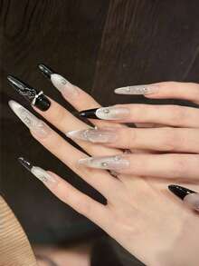 10 件杏仁形假指甲，黑色蝴蝶结彩虹紫猫眼水钻，法式美甲简约风格，手工美甲套装，适合日常佩戴和约会，可重复使用按压式指甲美甲用品 - 彩色 - 查看 4