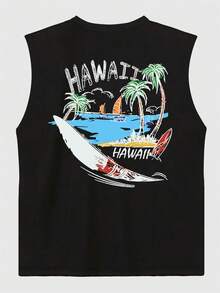 男士夏季圆领休闲棕榈树和沙滩冲浪图案印花背心，适合海滩度假和日常穿着 - 黑色 - 查看 6