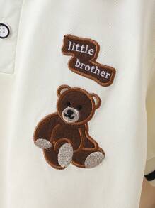 Set de 2 piezas de camisa tipo polo beige bordada con oso y pantalones cortos para niños