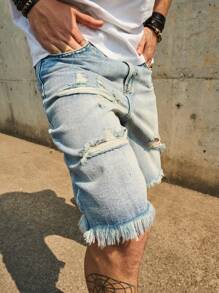 Light Blue Distressed Denim Shorts For Men, Loose Straight Leg Casual Shorts, Summer