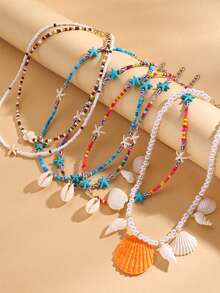 1 Ocean Storm Simia Necklace, Vacation Style Starfish/Shell/Turtle Bead Collarbone Chain/Necklace - Multicolor - View 1