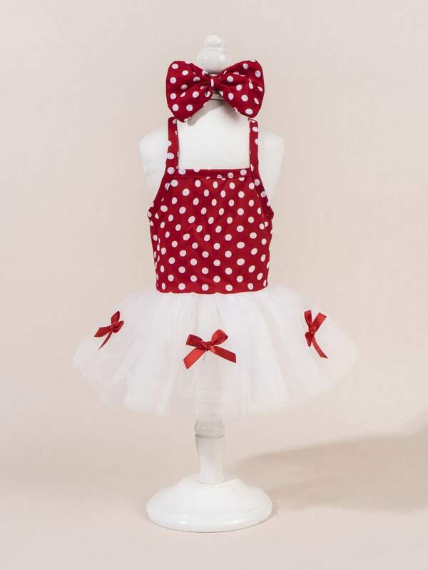 1 Set Pet Tulle Dress With Bowknot, Cute Fashion Printed Dress + Bowknot Pet Costume, Elastic Mesh Princess Pet Dress For Dogs & Cats