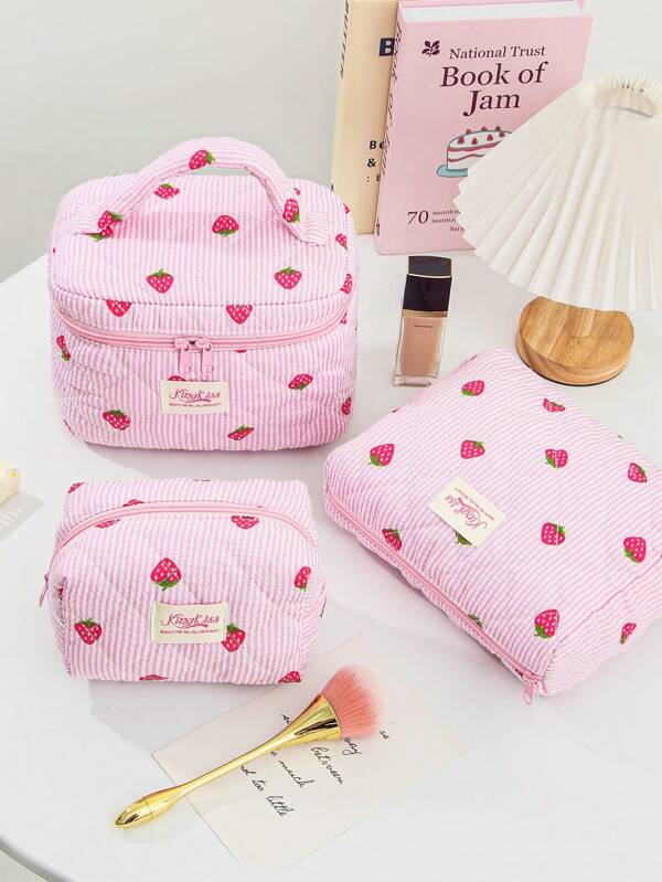 1 Piece Pink And White Color Matching Cosmetic Bag With Strawberry Pattern, Multifunctional Cosmetic Storage Bag Portable Cosmetic Brush Clutch With Zipper Closure, Ready For Lipstick, Brush, Skincare, Storage Box, Jewelry Storage Box, Lip Gloss Storage Box, Nail Polish Storage Box Cosmetic Bag, Holiday Essential Cosmetic Bag