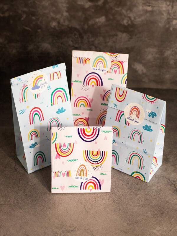 24pcs (12pcsGift Bag + 12pcs Rainbow Sticker) Rainbow Kraft Paper Gift Bag With Stickers - 2 Colors Multiple Rainbow Elements Design, Candy Cookies Snack Bag, Suitable For Graduation Party School Season Gift Bag, Holiday Party Packaging Supplies, Baking Dessert Packaging Bags, Small Business Essentials, Convenience Store Portable Packaging Handbags