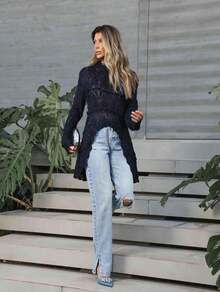 Women's Lace Mullet Knit Blouse Round Neck Ruffles Long Sleeve Boho Style Autumn Winter - Màu xanh hải quân - Xem 4