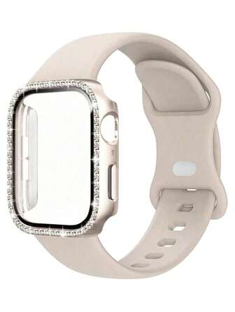 2 件/套星光色男女经典柔软舒适可调节硅胶运动表带和水钻装饰防摔二合一超薄钢化玻璃屏幕保护膜表壳，兼容 表带 38/40/41/42/44/45/46/49 毫米，适用于 Series Ultra/SE/11/10/9/8/7/6/5/4/3/2/1