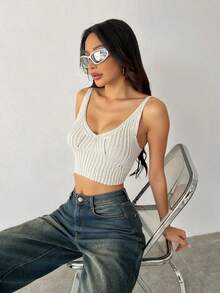 Top corto, sexy y casual de tirantes para mujer, tejido de punto, tela de poliéster y elastano, textura tipo canalé, apto para la temporada de verano, escote en "V" y espalda descubierta, muy fresco y cómodo, ideal para el uso diario. - Blanco - Ver 4