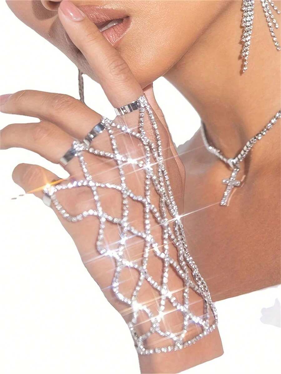 Luxury Rhinestone Ring, Bracelet And Necklace Set, Suitable For Brides And Bridesmaids To Wear At Weddings - Silver - View 1