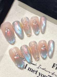 10pcs Mermaid-Themed Dreamy Aurora Holographic Cat Eye Nail Art, Handmade 3D Nail Stickers