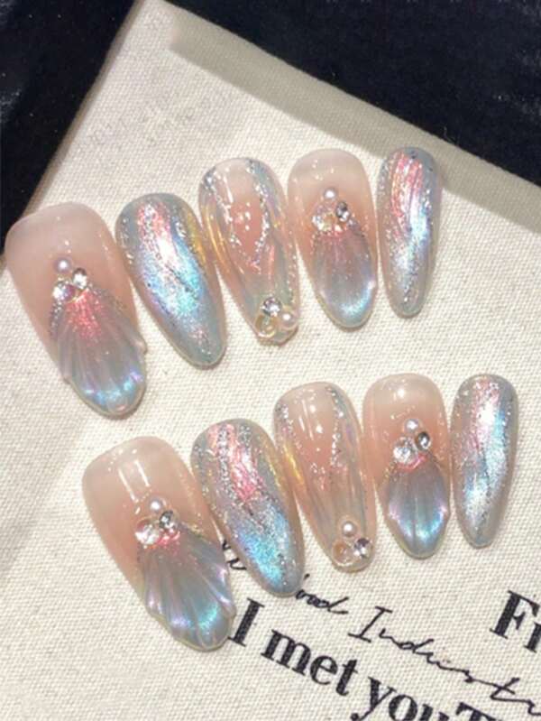 10pcs Mermaid-Themed Dreamy Aurora Holographic Cat Eye Nail Art, Handmade 3D Nail Stickers