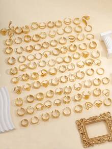 6/12/16/24pcs Set Stainless Steel Gold Tone 3D Pattern Mixed High Quality Ring Set - Yellow Gold - View 4