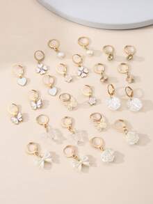 12pairs Pearl Bowknot Flower Heart Earrings For Girls, Creative Design And Lovely Jewelry - Gold - View 7