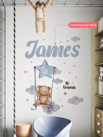 Pegatinas de pared personalizables, nombre personalizable, estrellas, lunas, osos - Pegatinas de pared autoadhesivas de PVC extraíbles para la guardería, habitación de los niños, sala de juegos o aula - Decoración de pared linda y creativa para cualquier espacio