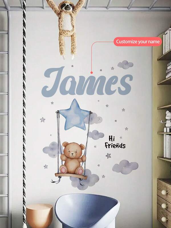 Autocolante de perete personalizate, nume personalizabil, stele, luni, urși - Autocolante de perete detașabile din PVC autoadezive pentru camera copiilor, camera de joacă sau sala de clasă - Decor de perete drăguț și creativ pentru orice spațiu