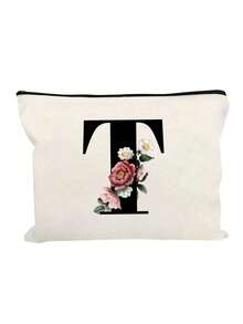 1个首字母印花字体女士化妆包，白色小包，字母A-Z，化妆包，便携式盥洗包，可重复使用化妆包，女士简约大容量旅行化妆包 - 白色 - 查看 20