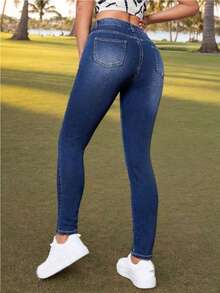 Jeans ajustados de cintura alta elásticos azules de moda para mujer, Pantalones vaqueros de mezclilla vintage rotos ajustados de corte slim, estilo casual preppy - 2-azul - Ver 2