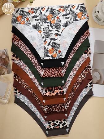 10 st Kvinnor Leopard Print Sömlös Low Rise Triangle Trosor, bekvämt mjukt material