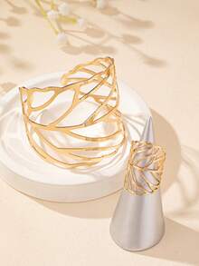 2pcs/Set Metallic Geometric Leaf Bangle And Ring Set, Suitable For Women's Daily Wear - Yellow Gold - View 3