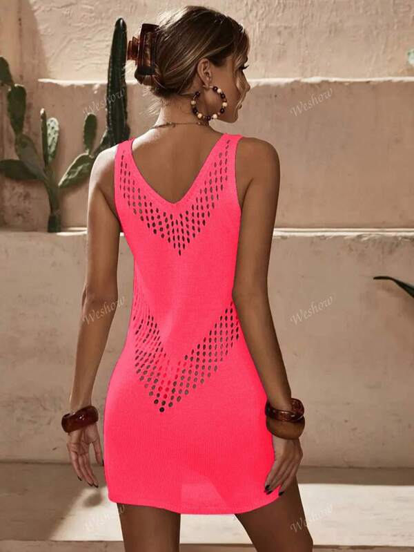 Hollow Geometric Pattern Knitted Cover-Up/Dress, Women Sleeveless Knit Tank Dress Mini Beach Dress For Spring/Summer