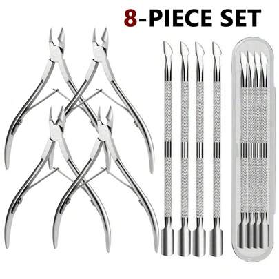 8/6/2/1 Piece Professional Cuticle Cutter And Propeller Manicure Tool Set With Dual Springs - Perfect Nail Care Tool For Home/Spa/Salon Manicure And Pedicure Beauty (Silver)