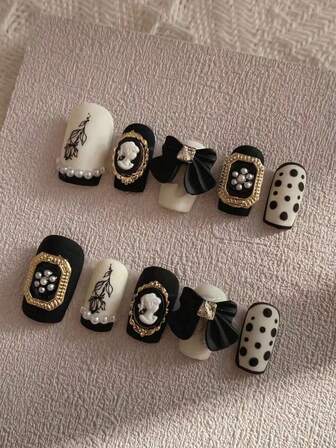 10pcs Black 3D Angel Bowknot Rose Dot Handmade Press On Nails, Short Square Fake Nails, Full Cover False Nails With Jelly Glue And Nail File, DIY Nail Art Supplies For Holiday Party/Daily Wear,Acrylic Press On Nails,Summer Nails Press On Nails Beach Essentials,Gift A Set Of Nail Tools