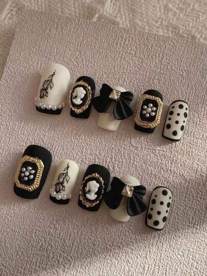 10pcs Black 3D Angel Bowknot Rose Dot Handmade Press On Nails, Short Square Fake Nails, Full Cover False Nails With Jelly Glue And Nail File, DIY Nail Art Supplies For Holiday Party/Daily Wear,Acrylic Press On Nails,Summer Nails Press On Nails Beach Essentials,Gift A Set Of Nail Tools